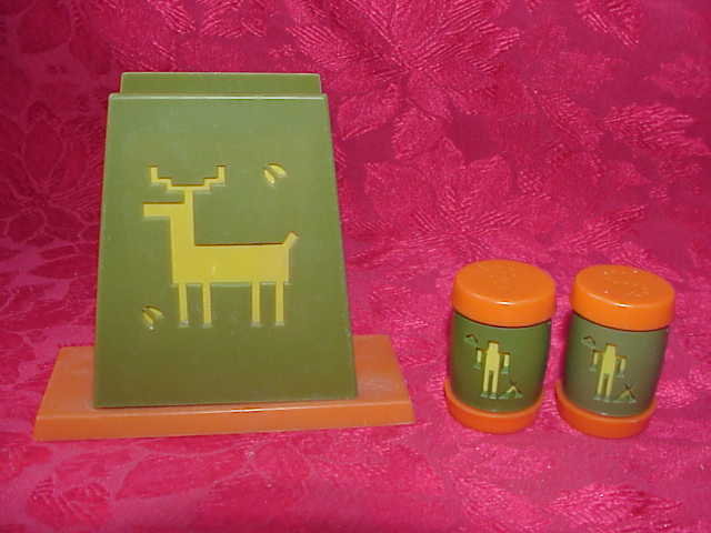 Vintage Indian & Deer Salt & Pepper Shakers With Napkin Holder St. Labre Indian School 3 Piece Set