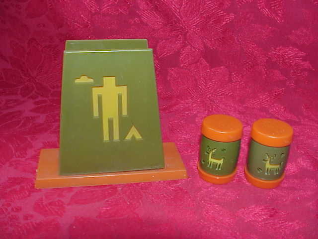 Vintage Indian & Deer Salt & Pepper Shakers With Napkin Holder St. Labre Indian School 3 Piece Set