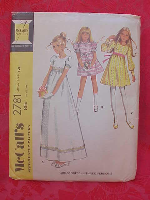 McCall's 2781 Girls' High Waisted Party Dress In 3 Versions 1970's Sewing Pattern Size 14