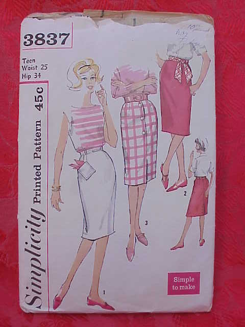 Simplicity 3837 Teen Skirts 1960's Sewing Pattern Waist 25