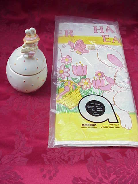 Vintage Easter Tablecloth & Hallmark Easter Bunny Candy Container