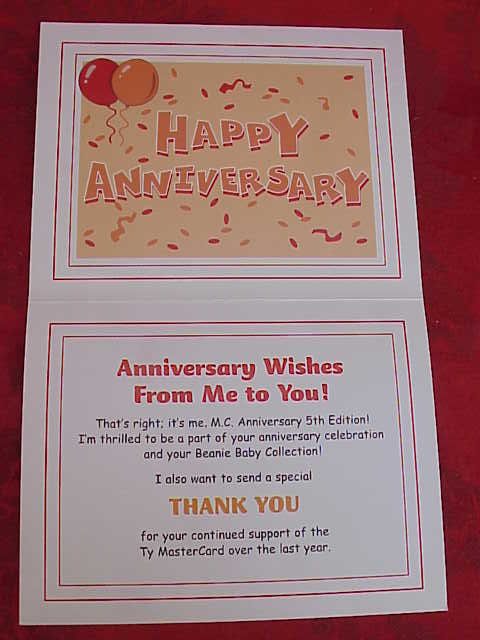 Ty Master Card Mastercard MC V Beanie Baby Bear MC V With HAPPY ANNIVERSARY Thank You Card
