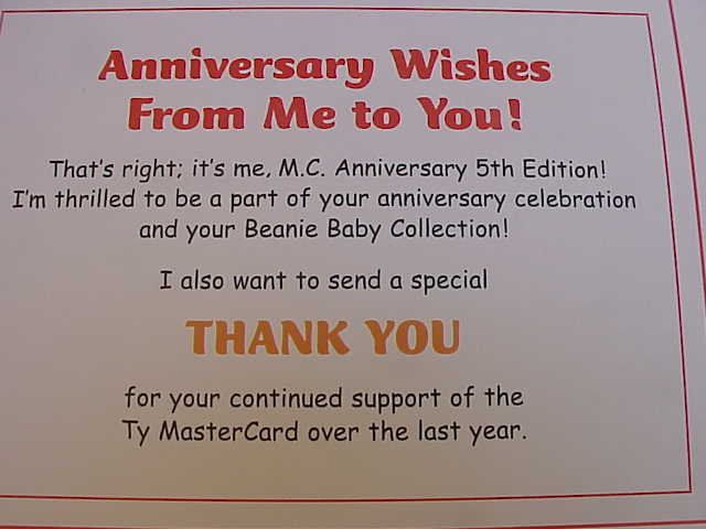 Ty Master Card Mastercard MC V Beanie Baby Bear MC V With HAPPY ANNIVERSARY Thank You Card