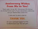 Ty Master Card Mastercard MC V Beanie Baby Bear MC V With HAPPY ANNIVERSARY Thank You Card