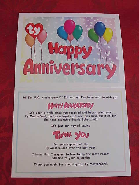Ty Master Card Mastercard MC II Beanie Baby Bear MC II With HAPPY ANNIVERSARY Thank You Card