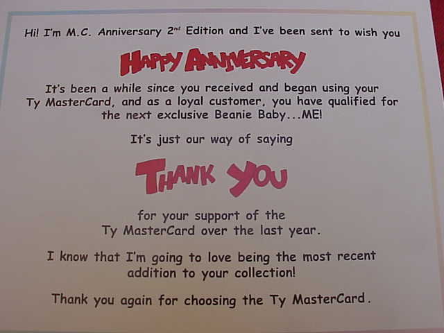 Ty Master Card Mastercard MC II Beanie Baby Bear MC II With HAPPY ANNIVERSARY Thank You Card