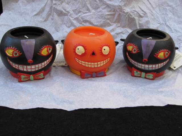 3 Department 56 Halloween Black Cats & Orange Jack O Lantern Candles