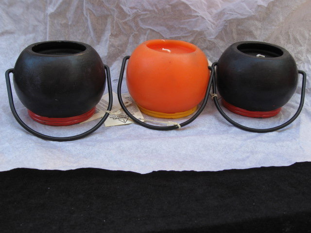3 Department 56 Halloween Black Cats & Orange Jack O Lantern Candles