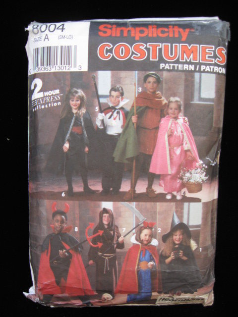 Simplicity 8004 Child's Witch Dracula Robin Hood Princess Devil Grim Reaper Snow White Halloween Costume Sewing Pattern