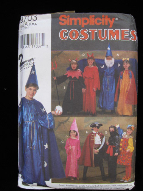 Simplicity 9703 Child's Witch Devil Wizard Snow White Princess Pirate Ninja Clown Halloween Costume Sewing Pattern
