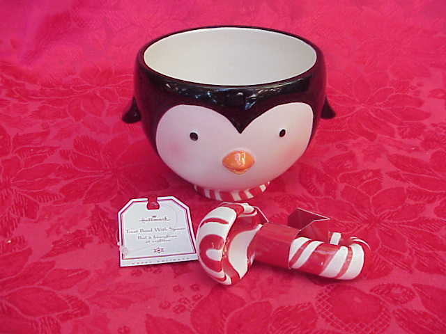 Hallmark 2007 Christmas Penguin Treat Dip Ice Cream Ceramic Bowl & Candy Cane Spoon