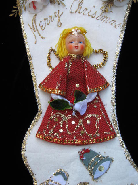 Vintage Felt Christmas Stocking with Angel Retro Christmas