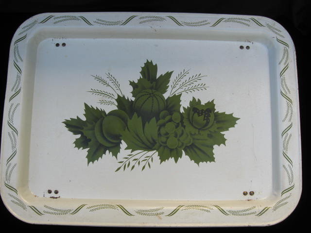 Vintage Serving Tray Green Floral With Folding Legs