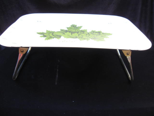 Vintage Serving Tray Green Floral With Folding Legs