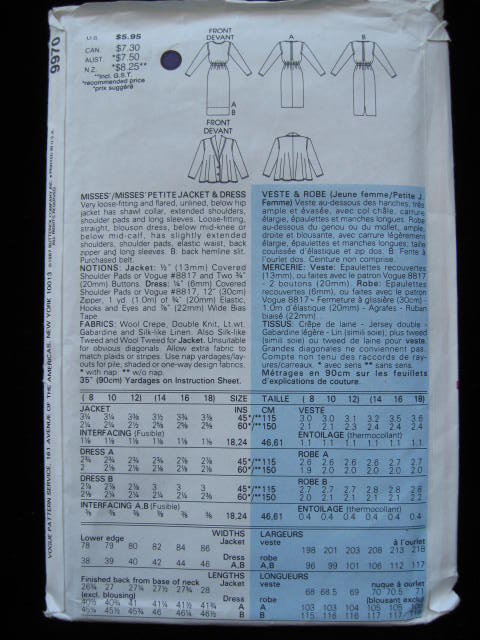Vintage Vogue 9970 Jacket & Dress Sewing Pattern Size Misses' Size 8 10 12 1980's