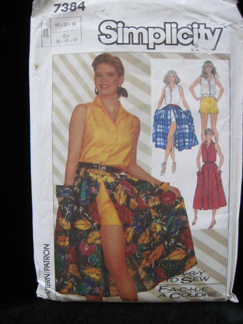 Simplicity 7384 Top, Skirt & Shorts Sewing Pattern 1980's Size 10, 12, 14