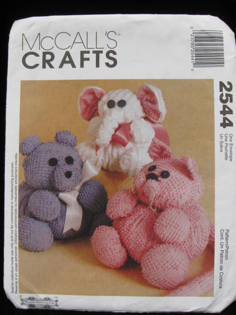 McCall's Crafts 2544 Chenille Cat Elephant & Bear Sewing Pattern