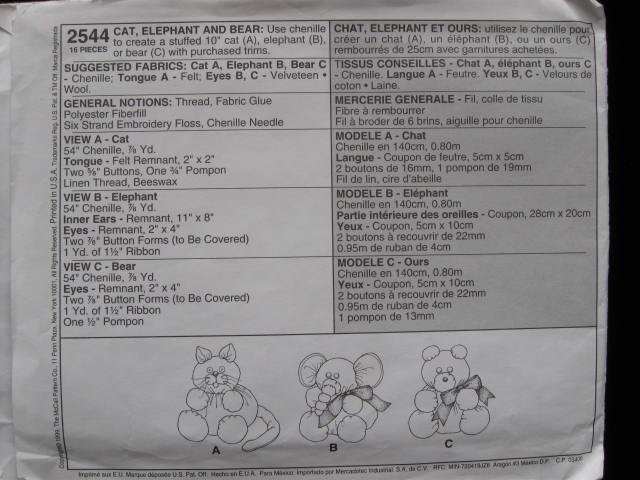 McCall's Crafts 2544 Chenille Cat Elephant & Bear Sewing Pattern