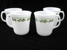 Set of 4 Corning Ware Corningware Pyrex Christmas Holly Days Milk Glass Mugs - 3 Sets Available