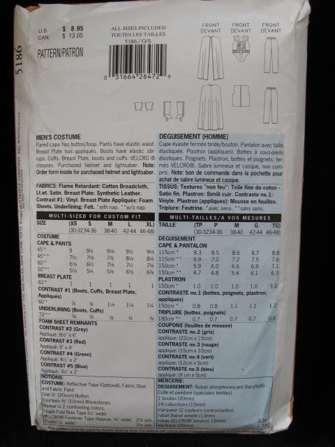 Butterick 5186 Star Wars Darth Vader Men's Halloween Costume Sewing Pattern