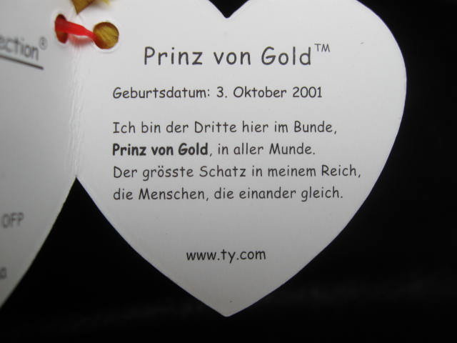 Ty PRINZ VON GOLD German Exclusive Ty Beanie Baby Bear MWMT