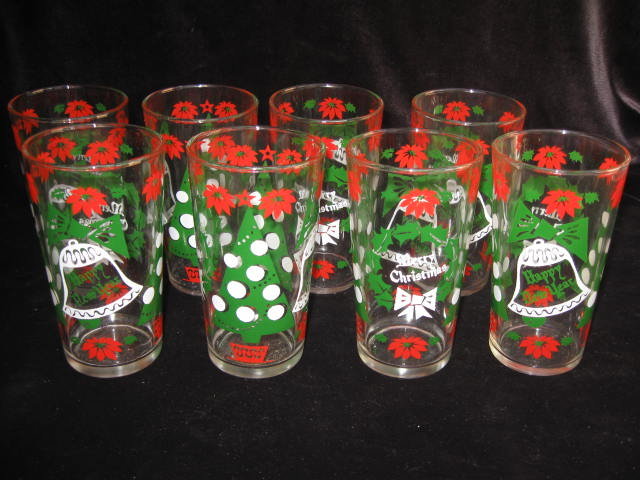 Set of (8) Vintage Hazel Atlas Merry Christmas Happy New Years Tumblers