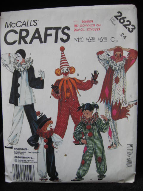New Vintage McCall's Crafts 2623, Boys' & Girls' Clown Halloween Costume Sewing Pattern Size 2 4
