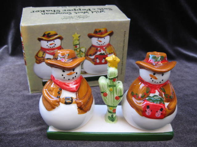 Christmas Cowboy Snowman or Snowmen With Display Stand 3 Piece Set Salt & Pepper Shakers