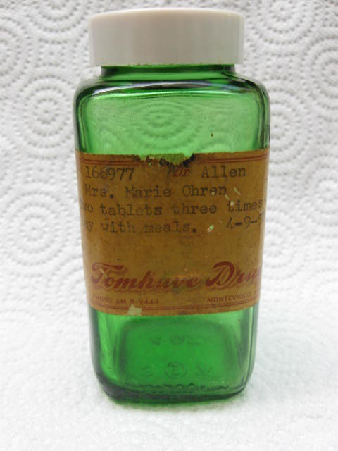 Prescription Bottle Vintage Green Duraglas Prescription Bottle 1950's