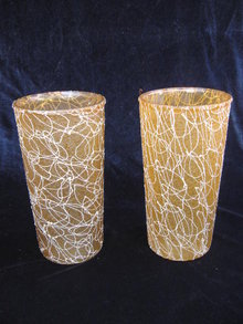 2 Gold & White Eames Era Tumblers Spaghetti String Rubber Coated Tumblers Glasses