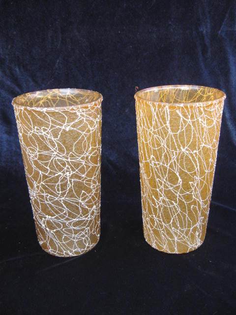 2 Gold & White Eames Era Tumblers Spaghetti String Rubber Coated Tumblers Glasses