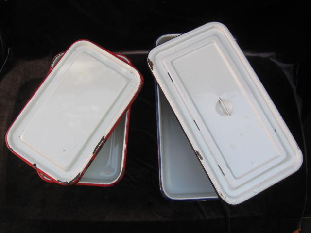 2 Vintage Enamelware Covered Refrigerator Pans