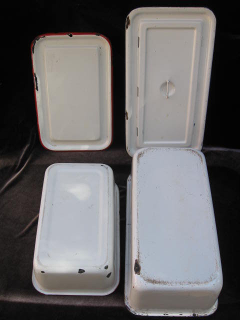 2 Vintage Enamelware Covered Refrigerator Pans