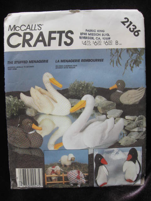 New Vintage McCall's Crafts 2146 Swan Duck Pig, Lamb Penguin Animal Package Sewing Pattern