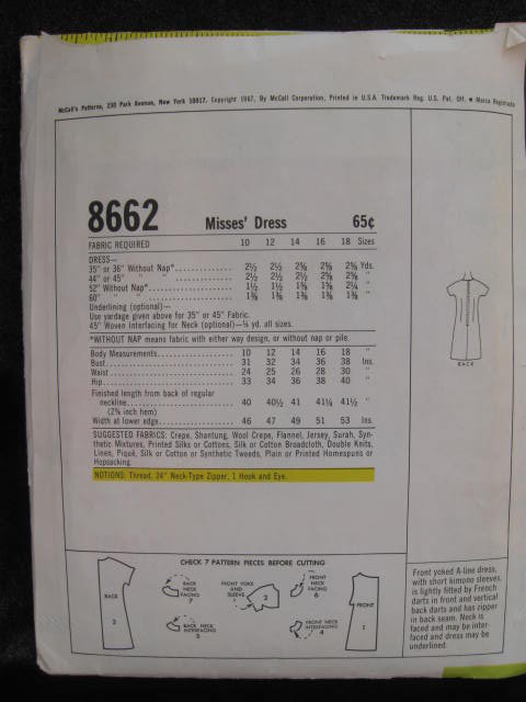 New Vintage McCall's 8662 Misses' Shift Dress Sewing Pattern 1960's