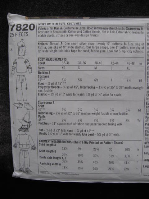 New Simplicity 7820 Men's or Teen Boys' Wizard of Oz Scarecrow & Tin Man Halloween Costume Sewing Pattern OOP