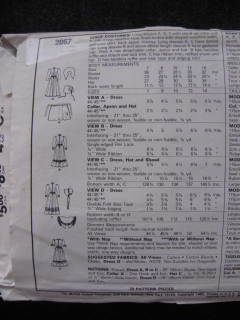 Vintage McCall's 2957 Girls' Frontier Pilgrim Halloween Costume Sewing Pattern