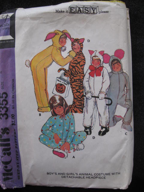 Vintage McCall's 3355 Boy's & Girl's Bunny Tiger, Cat Mouse PJ's Animal Halloween Costume Sewing Pattern
