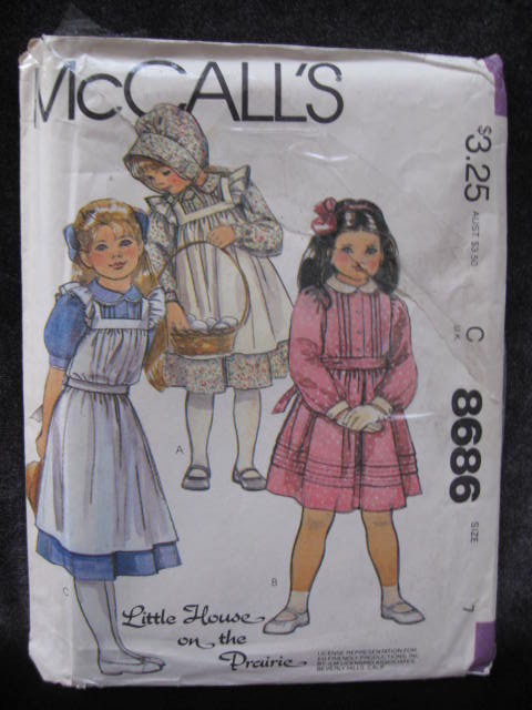 New Vintage McCall's 8686 Little House On The Prairie Children's & Girls Dress Pinafore Bonnet & Tie Belt Sewing Pattern