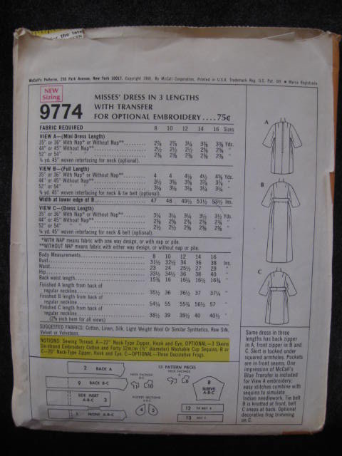 New Vintage McCall's Misses' Hippie Flow Child Full Length or Mini Dress Sewing Pattern 1960's