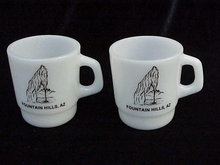 2 Vintage Milk Glass Fountain Hills - Water Fountain Advertising Mugs