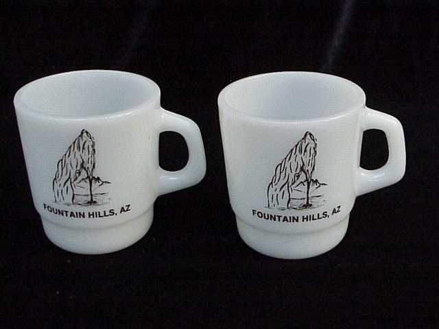 2 Vintage Milk Glass Fountain Hills - Water Fountain Advertising Mugs