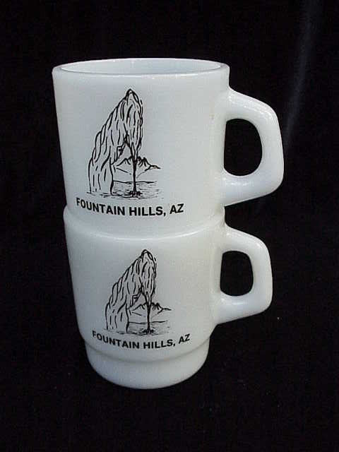 2 Vintage Milk Glass Fountain Hills - Water Fountain Advertising Mugs