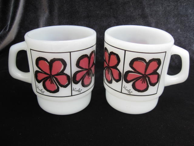 2 Vintage Fire King Violet Flower Floral Mugs
