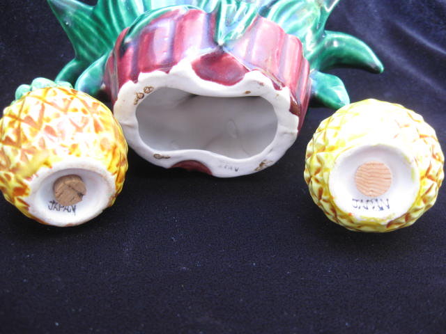 Vintage 3 Piece Set Pineapple With Holder Salt & Pepper Shakers