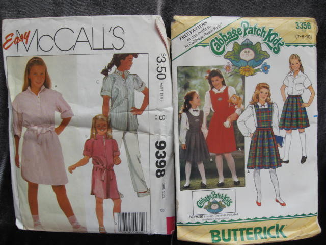 Lot of 2 New Vintage McCall's 9398 & Butterick 3356 Girls Dress or Tunic Pants Skirt With Detachable Bib Sewing Patterns 1980's