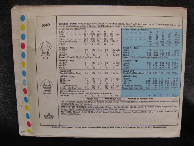 New Vintage McCall's 6649 Summer Pullover Spaghetti Strap Top Sewing Pattern 1970's