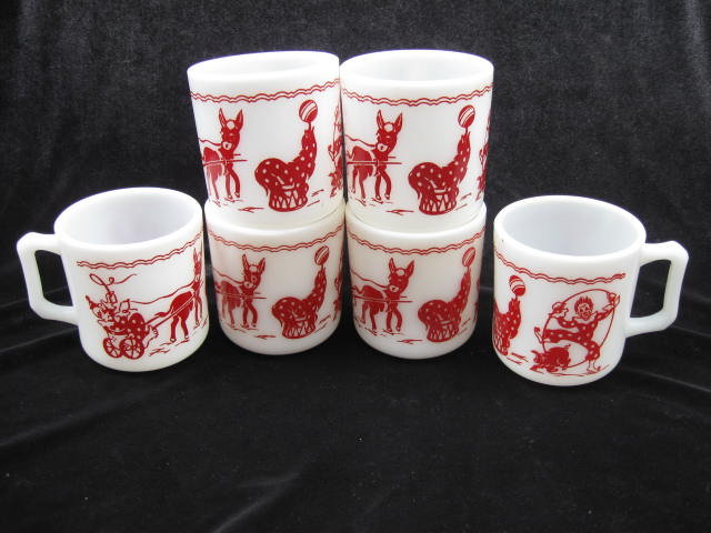 6 Vintage Hazel Atlas Clown Pig Donkey Seal Circus Child's Mugs
