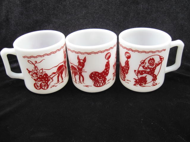 6 Vintage Hazel Atlas Clown Pig Donkey Seal Circus Child's Mugs