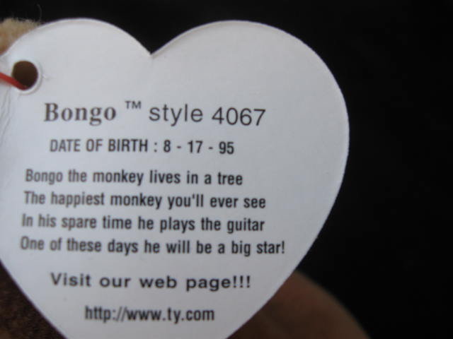 Ty Bongo The Monkey With The Dark Tail Retired Beanie Baby